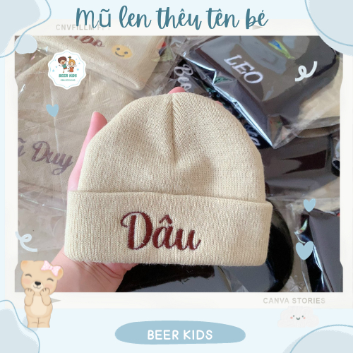Mũ len ống thêu tên cho bé siêu phong cách