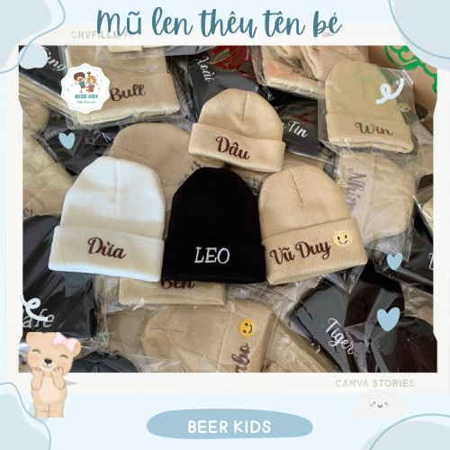 Mũ len ống thêu tên cho bé siêu phong cách