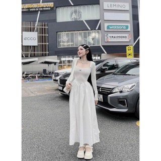 Đầm Xòe Dài Maxi Đen Trắng,Váy Nữ Tay Dài Chiết Eo Chất Tăm Gân Phối Chéo Dày Cực Sang,Đầm Nữ Đẹp