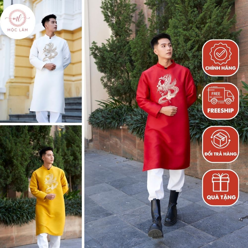 Áo dài nam cách tân 3 màu đỏ, trắng, vàng chất liệu Tafta thêu đẹp cao cấp - Áo dài Mộc Lâm - M2678