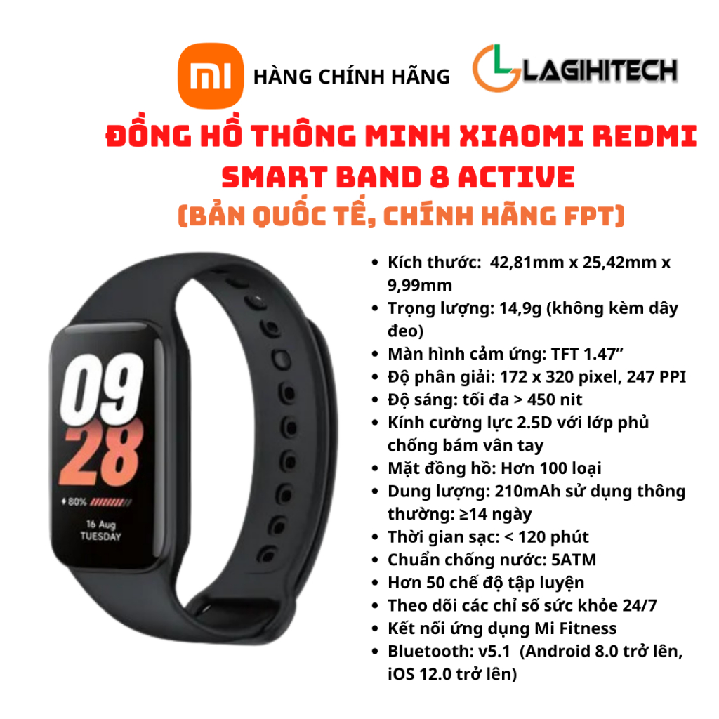 Vòng Đeo Tay Thông Minh Xiaomi Mi Band 8 Active Bản Quốc Tế – Chính Hãng FPT