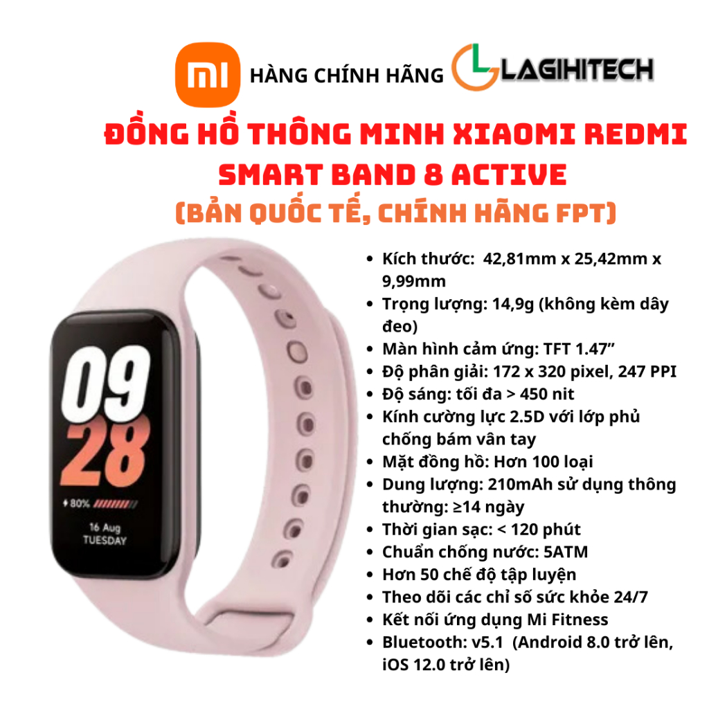 Vòng Đeo Tay Thông Minh Xiaomi Mi Band 8 Active Bản Quốc Tế – Chính Hãng FPT