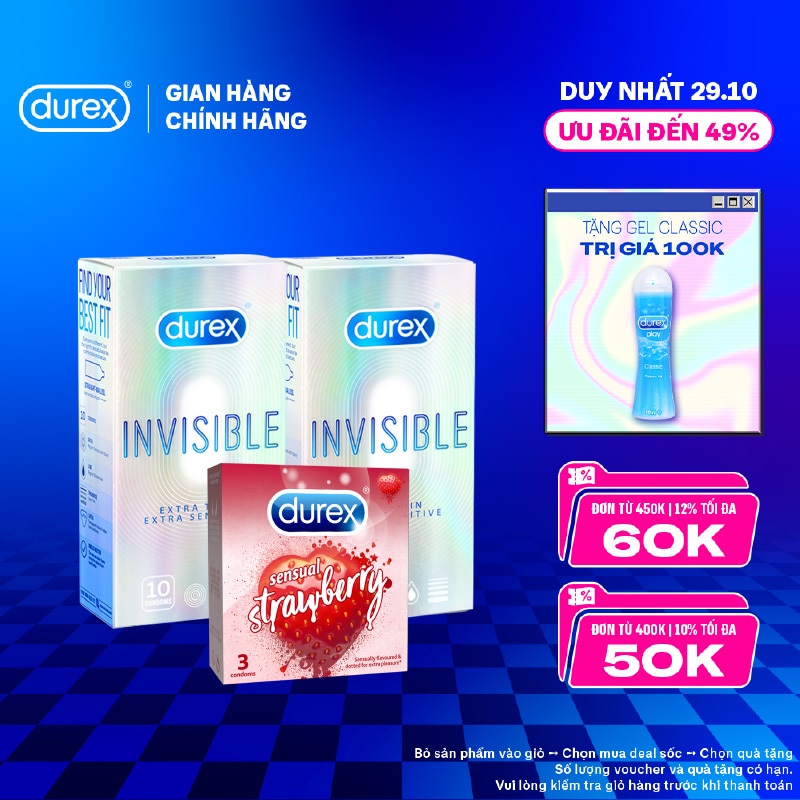 Bộ 2 hộp bao cao su Durex Invisible siêu mỏng (52mm, hộp 10 bao)+ 1 Durex Sensual Strawberry hương dâu (52mm, hộp 3 bao)