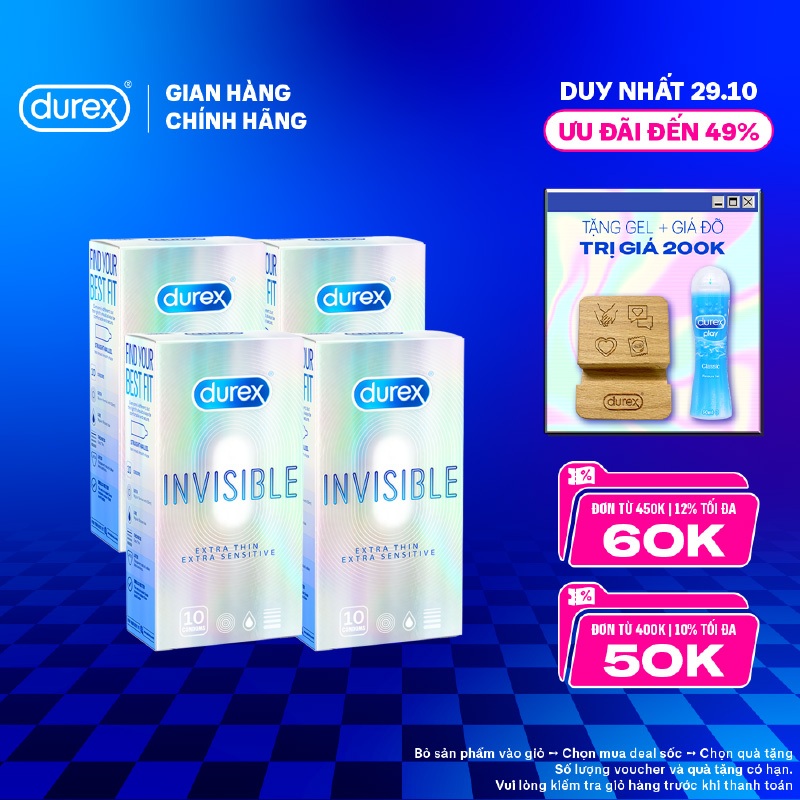 Bộ 4 hộp bao cao su Durex Invisible siêu mỏng, size 52mm, 10 bao/hộp