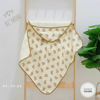 Choàng ủ xô muslin sơ sinh trần đa năng hi!mom có mũ tai gấu - xô muslin cao cấp thoáng mát cho bé