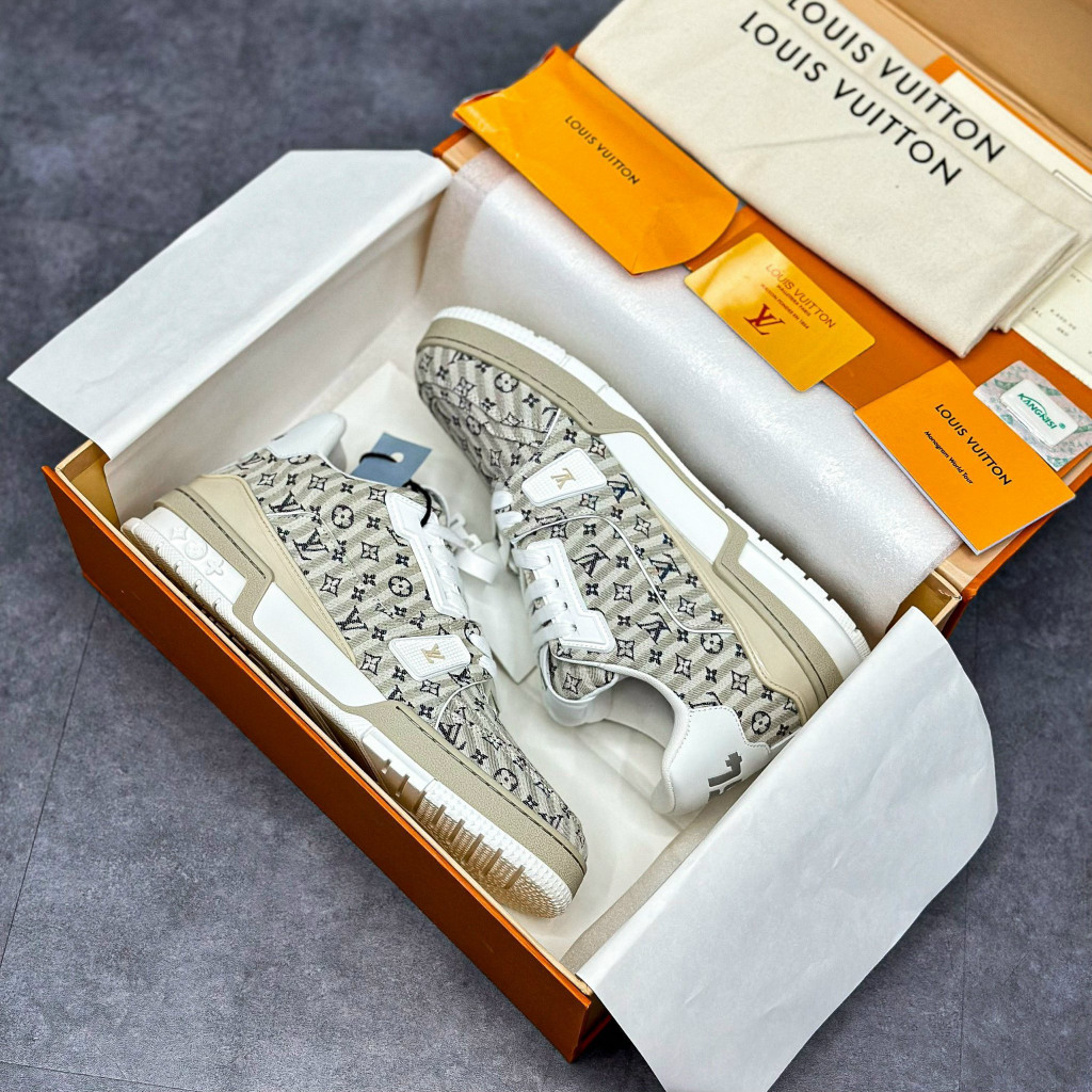 Giày Cao Cấp Thể Thao Sneaker L/V Trai.ner #54 Monogram Sọc Beige Nâu Ghi + freeship + Tặng Tất