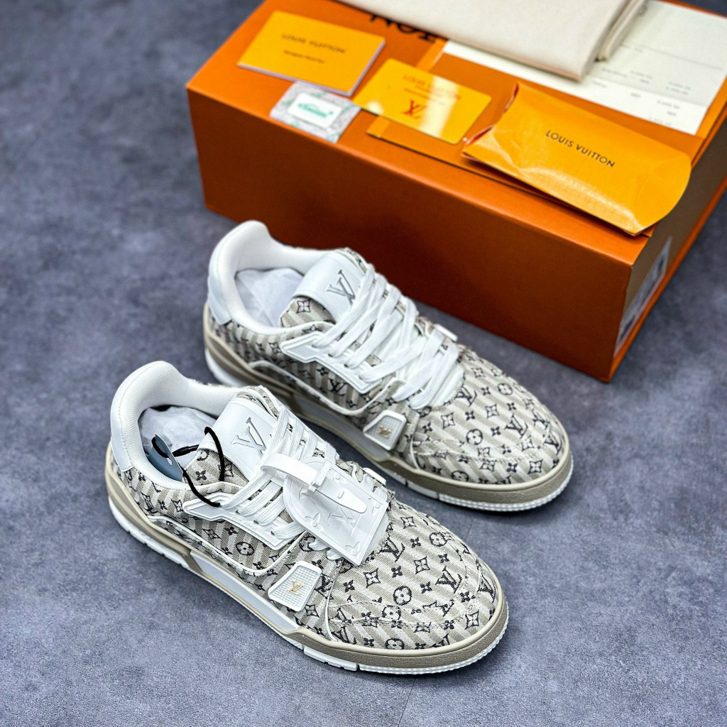 Giày Cao Cấp Thể Thao Sneaker L/V Trai.ner #54 Monogram Sọc Beige Nâu Ghi + freeship + Tặng Tất