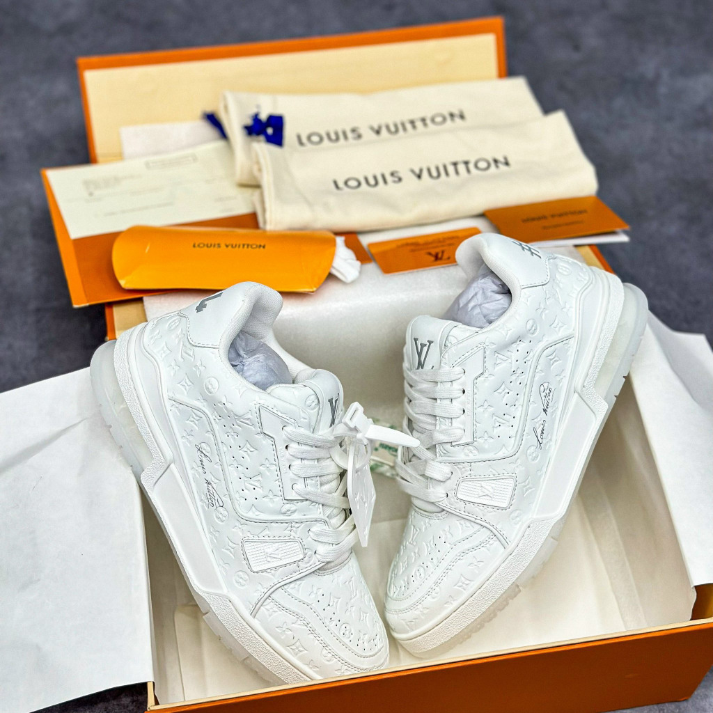 Giày Cao Cấp Thể Thao Sneaker L/V Trai.ner #54 White Trắng Full Dập Vân + freeship + Tặng Tất