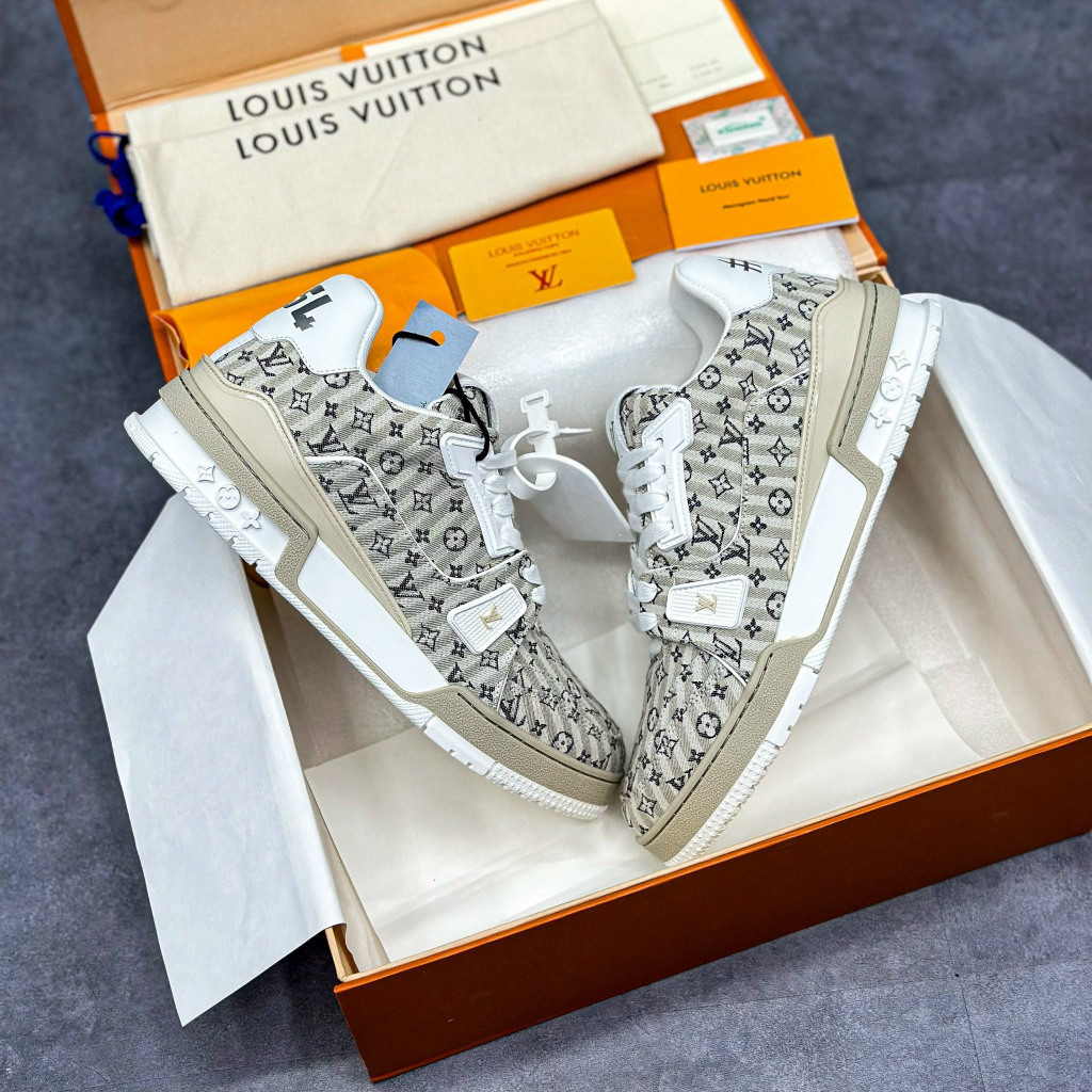 Giày Cao Cấp Thể Thao Sneaker L/V Trai.ner #54 Monogram Sọc Beige Nâu Ghi + freeship + Tặng Tất