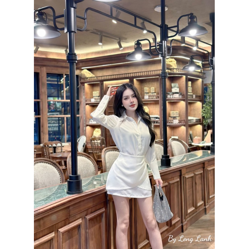 Set áo sơ mi phối chân váy ly eo xinh xỉu