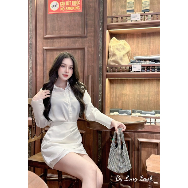 Set áo sơ mi phối chân váy ly eo xinh xỉu