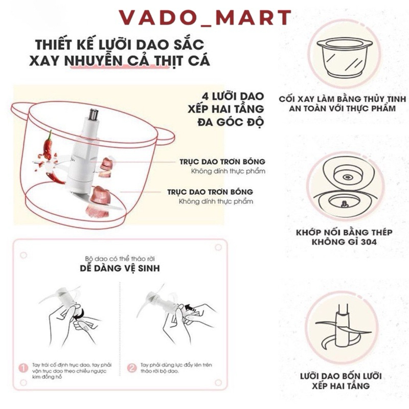 Máy Xay Thịt Mini Đa Năng SEKA 4 Lưỡi Cối Thuỷ Tinh Công Suất 500W Bảo Hành 12 Tháng