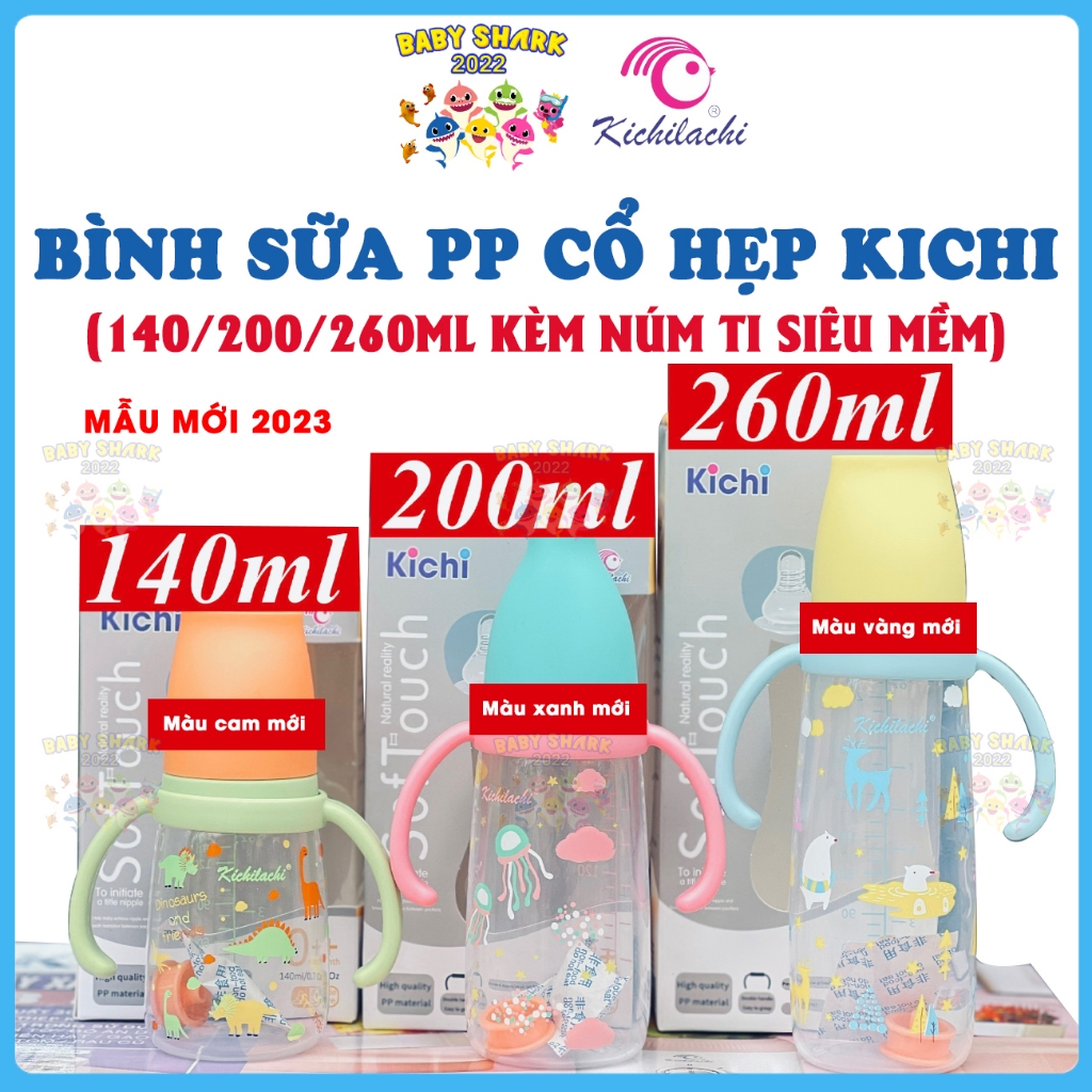 Bình sữa cổ hẹp Kichilachi núm ti silicon siêu mềm, có van chống sặc và đầy hơi cho bé 140ml/200ml/260ml