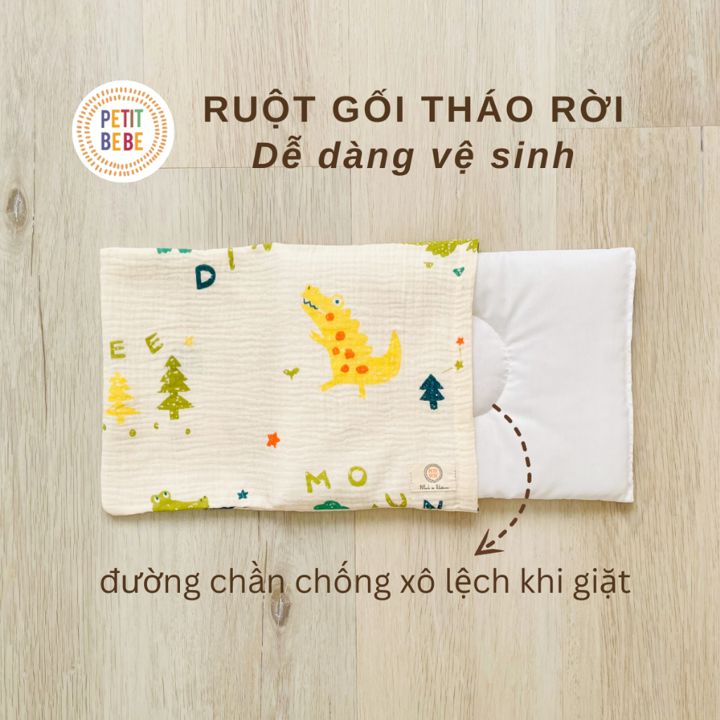 Gối mỏng lót đầu bé sơ sinh Petit Bebe muslin thấm hút thoáng khí hoạ tiết động vật đáng yêu