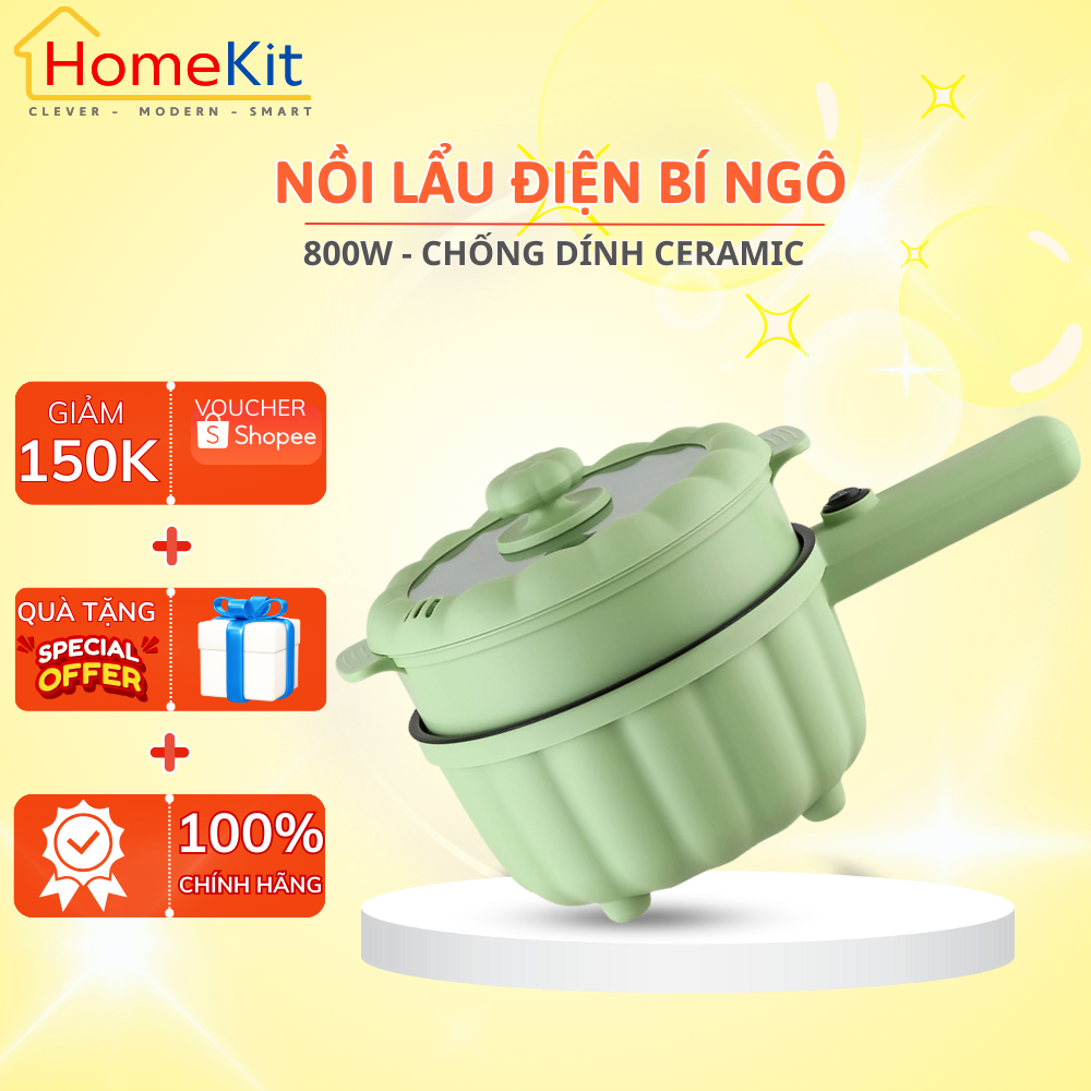 Nồi lẩu điện bí ngô dung tích 2L có xửng hấp tặng kèm sạn gỗ, nồi lẩu nấu nhanh vệ sinh dễ dàng ,ĐỦ MÀU