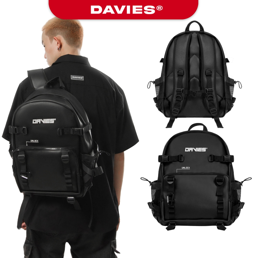 Balo đi học da nam nữ màu đen local brand Davies Leather Tactical Backpack