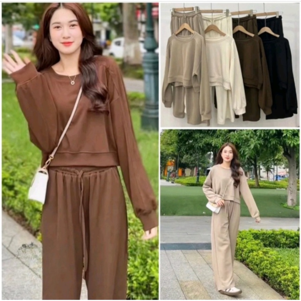 set bộ nỉ tăm cổ tròn áo Croptop kèm quần Hot trend 2024