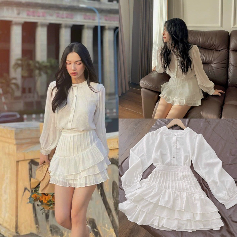 SET ÁO CROP XỐP CỔ TRÒN TAY LOE + SHORT HOẠ TIẾT DỆT LẠ 5M
