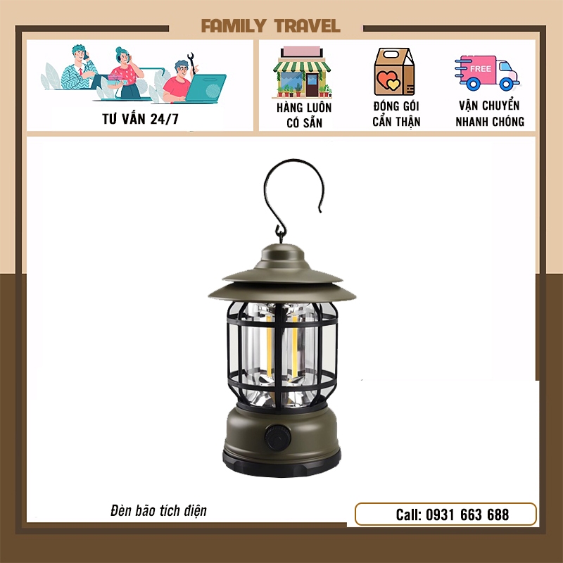 Đèn măng xông vintage led đi du lịch dã ngoại cắm trại, đèn bão tích điện treo lều cắm trại - Family Travel