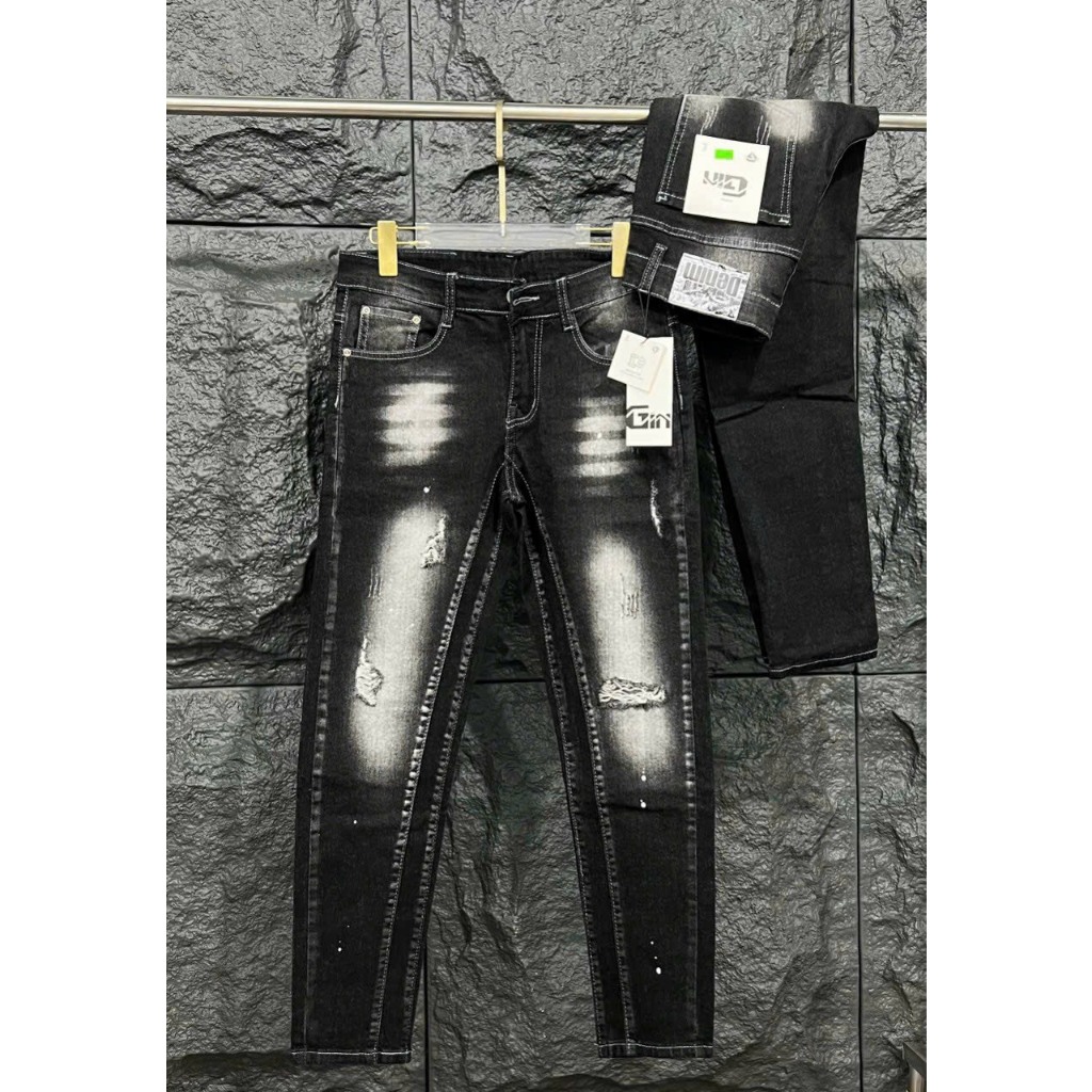 Quần bò jean nam dài dsq đen rách kiểu vẩy sơn đẹp mẫu mới hot,form slimfit co giãn tốt chuẩn hàng vnxk