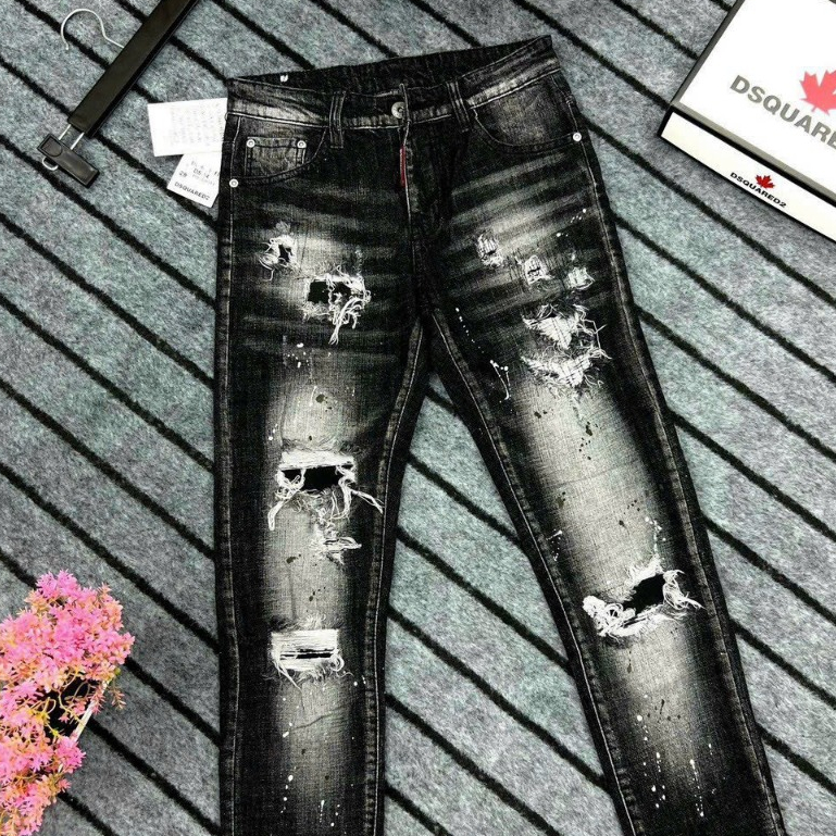 Quần bò jean nam dài dsq đen rách kiểu vẩy sơn đẹp mẫu mới hot,form slimfit co giãn tốt chuẩn hàng vnxk