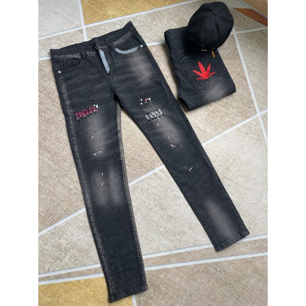 Quần bò jean nam dài dsq amiri đen rách gối vẩy sơn thêu đẹp mẫu mới,chất jean co giãn tốt chuẩn form giá rẻ AVASTORE