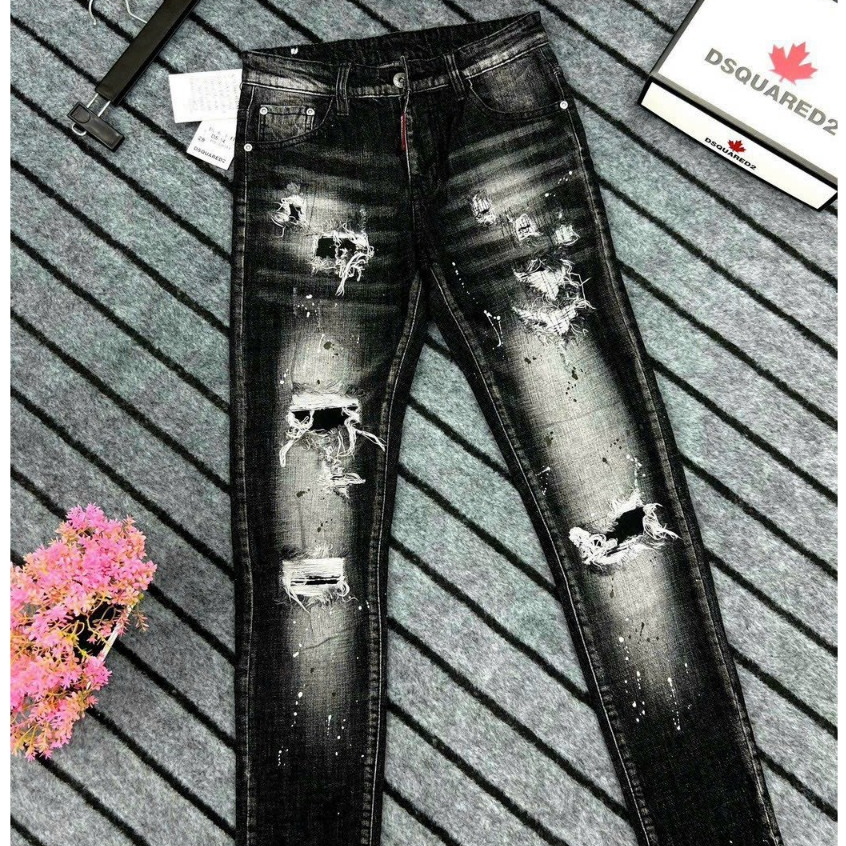 Quần bò jean nam dài dsq amiri đen rách gối vẩy sơn thêu đẹp mẫu mới,chất jean co giãn tốt chuẩn form giá rẻ AVASTORE