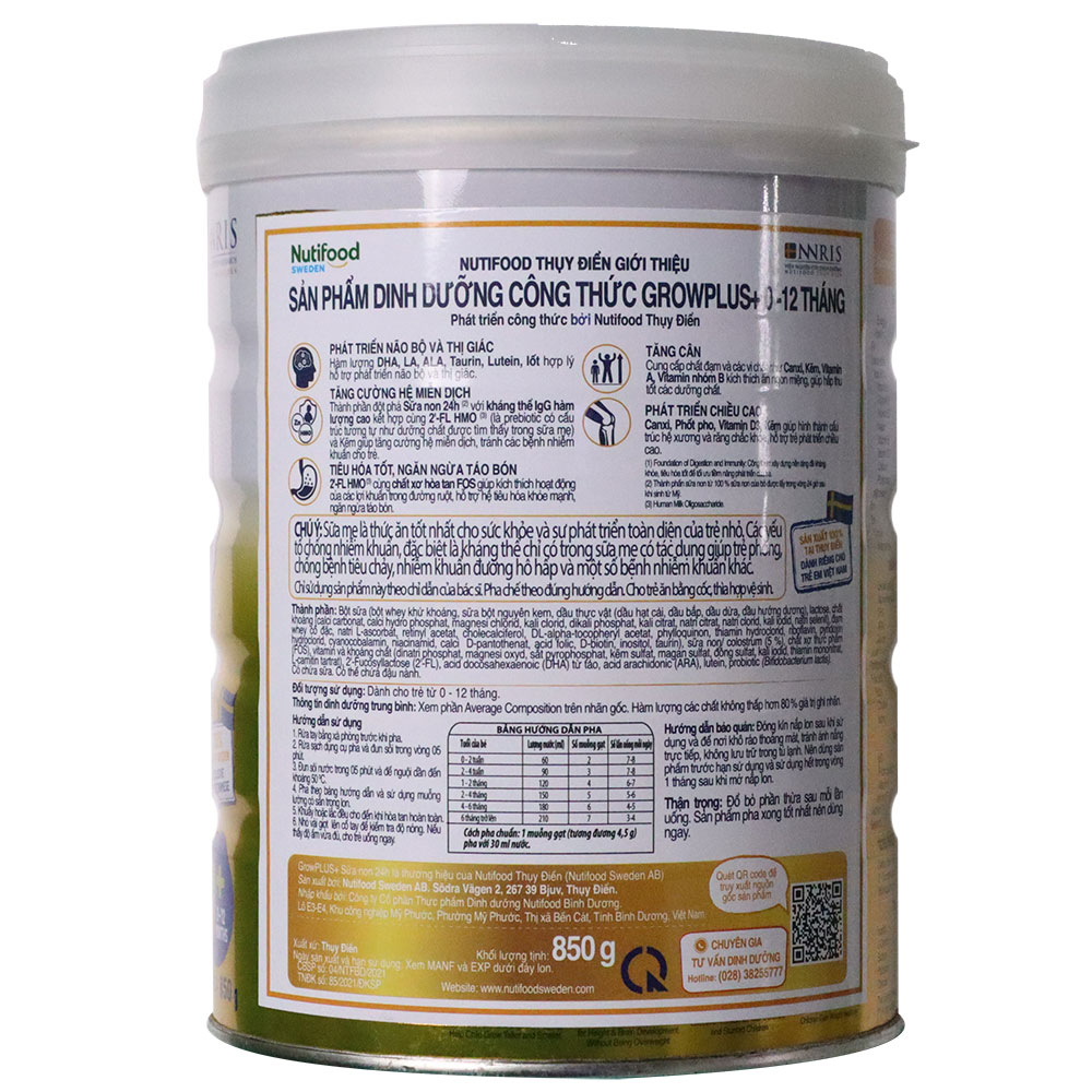 Sữa Bột Nuti Grow Plus+ Vàng Sũa Non 0+  1+  Lon 800G