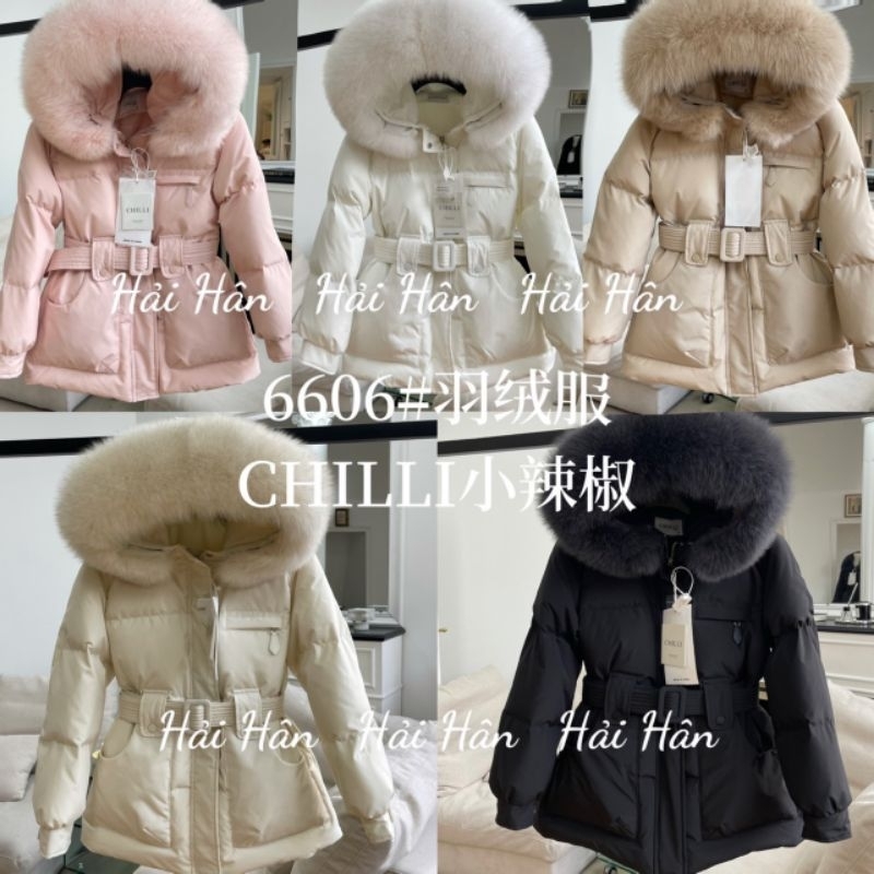 Áo khoác phao  lông vũ chili mũ lông  dáng ngắn rút1)