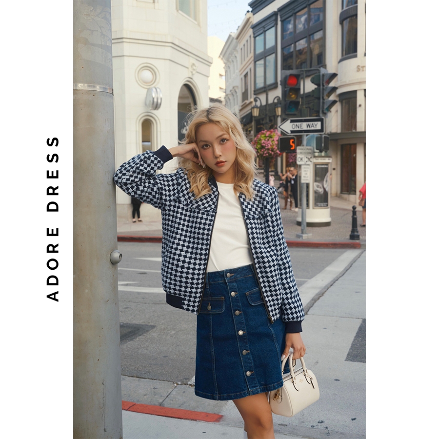 Áo khoác bomber basic tweed xanh rua ngực chát liệu dạ 2BO1006 ADORE DRESS