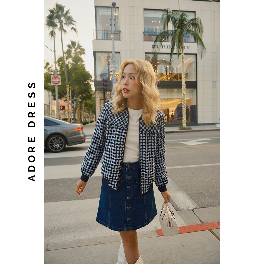 Áo khoác bomber basic tweed xanh rua ngực chát liệu dạ 2BO1006 ADORE DRESS