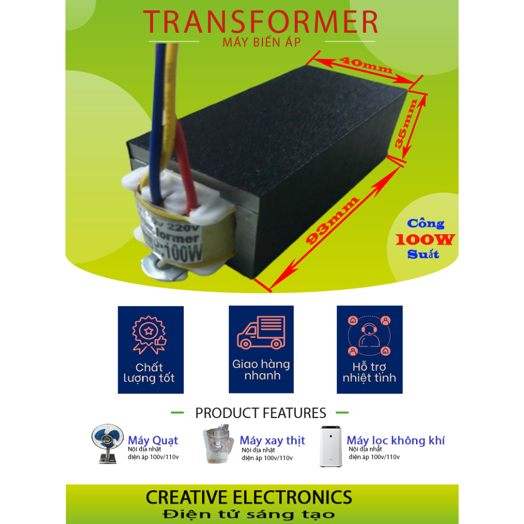 Biến thế 220v ra 100v,110v, biến áp 100W lùn 50Hz/60Hz, sử dụng cho thiết bị nội địa nhật, 100% dây đồng