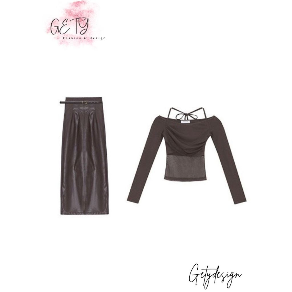 Set Áo Croptop Kèm Chân Váy Da Màu Nâu Gety Design Set Váy Áo Thiết Ké Cao Cấp