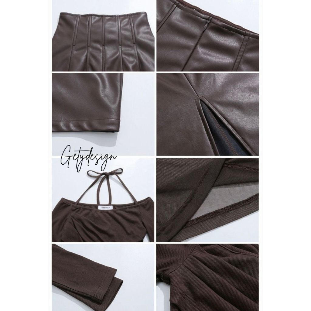 Set Áo Croptop Kèm Chân Váy Da Màu Nâu Gety Design Set Váy Áo Thiết Ké Cao Cấp