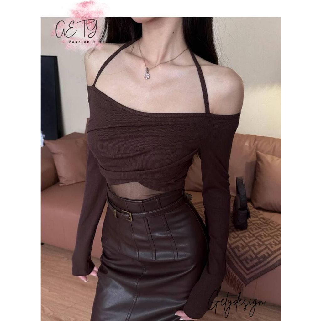 Set Áo Croptop Kèm Chân Váy Da Màu Nâu Gety Design Set Váy Áo Thiết Ké Cao Cấp