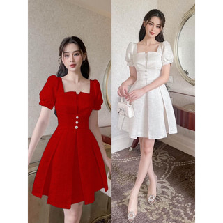 Đầm dự tiệc cổ vuông tafta vân đá đính nút đá sang trọng