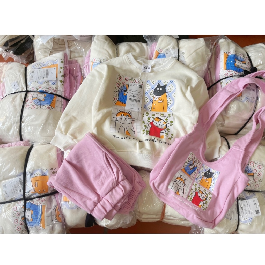 ✨MALINHKID✨BN075- Bộ nỉ trắng hồng tặng kèm túi trẻ em VNXK