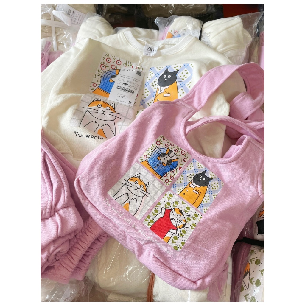 ✨MALINHKID✨BN075- Bộ nỉ trắng hồng tặng kèm túi trẻ em VNXK