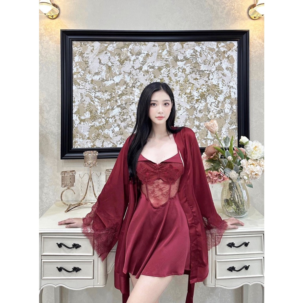 Váy ngủ lụa phối ren thêu hoa dây đan chéo lưng gợi cảm THE CELYNBRA - V55