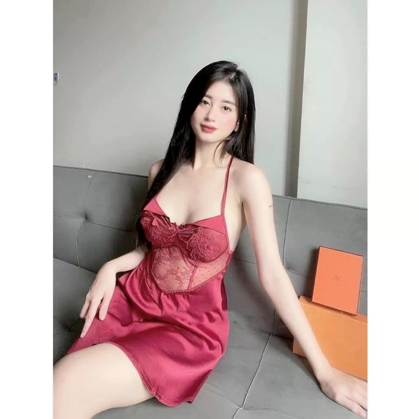 Váy ngủ lụa phối ren thêu hoa dây đan chéo lưng gợi cảm THE CELYNBRA - V55