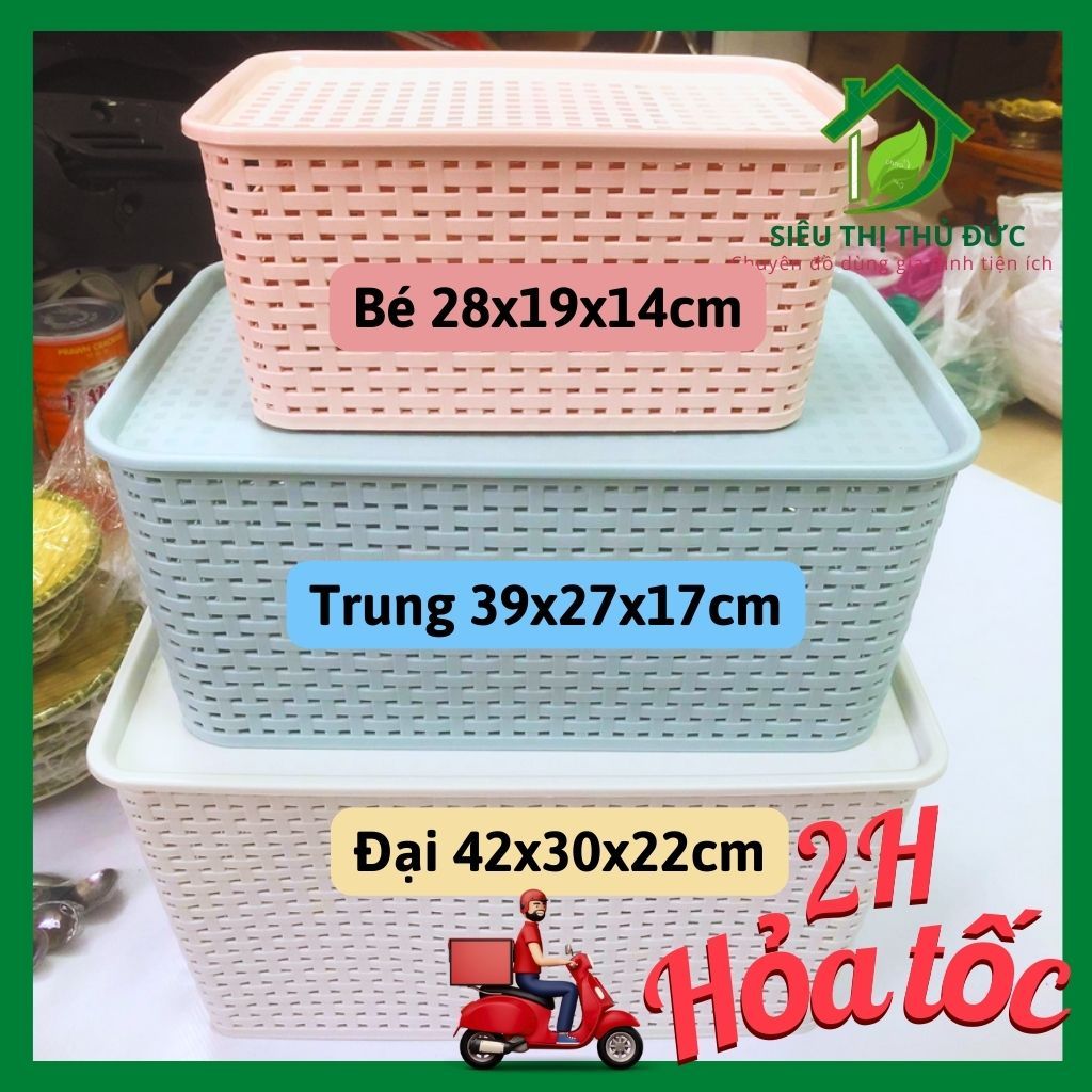 Rổ Nhựa Có Nắp Đậy 3 Size Việt Nhật, Giỏ Giả Mây Đựng Đồ Chơi, Quần Áo Có Nắp Kiểu Hàn Quốc Màu Sắc Nhẹ Nhàng