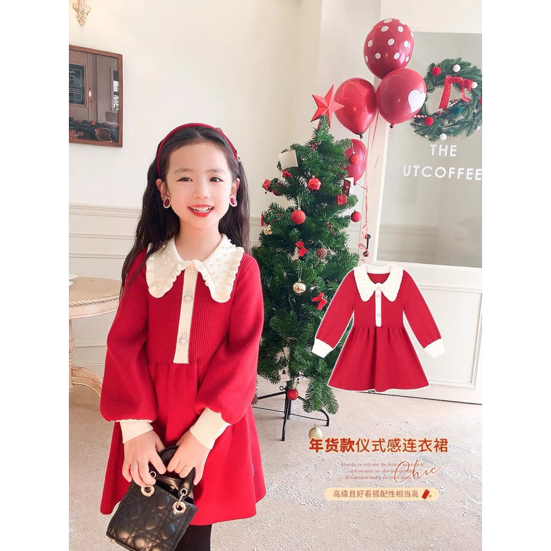 Váy len đỏ mận cổ đính ngọc mẫu mới cho bé gái