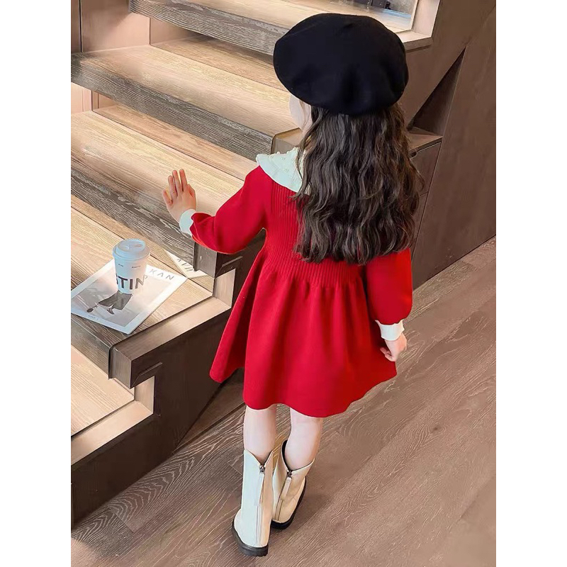 Váy len đỏ mận cổ đính ngọc mẫu mới cho bé gái