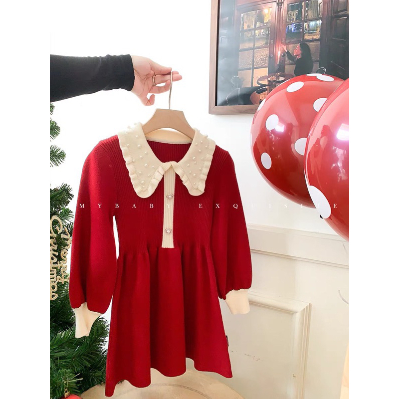 Váy len đỏ mận cổ đính ngọc mẫu mới cho bé gái