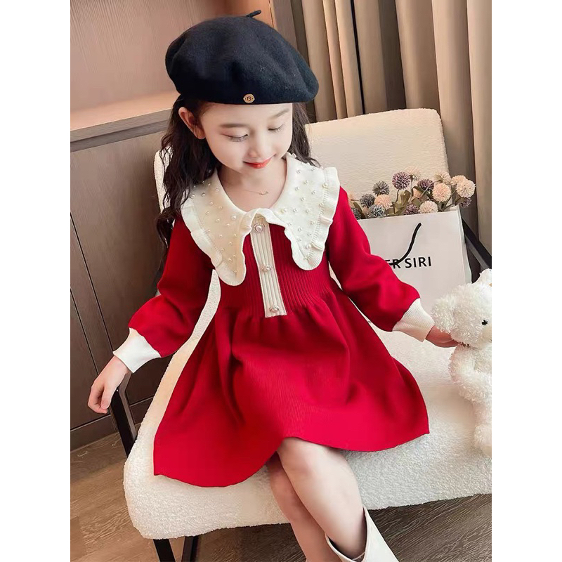 Váy len đỏ mận cổ đính ngọc mẫu mới cho bé gái