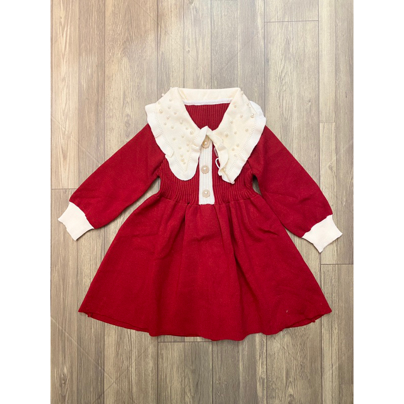 Váy len đỏ mận cổ đính ngọc mẫu mới cho bé gái