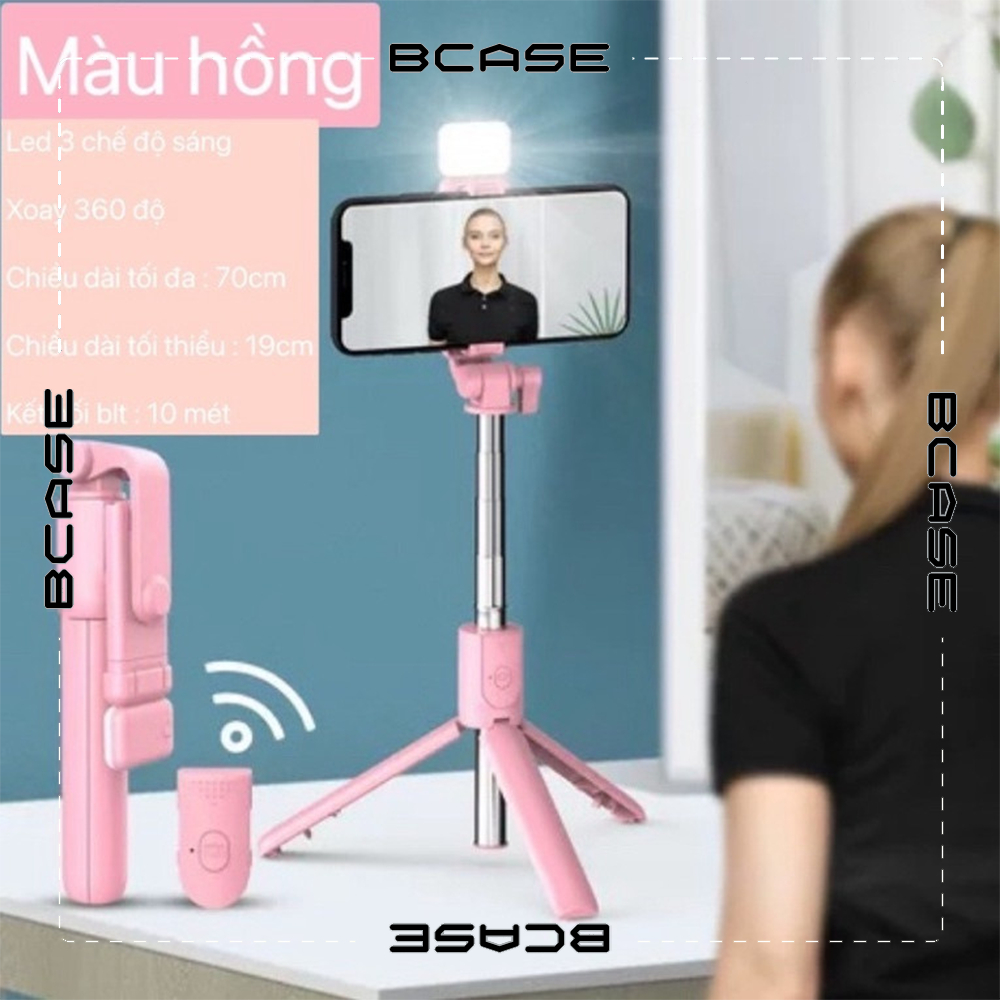 Gậy Chụp Hình Tự Sướng Hỗ Trợ Đèn Led, 3 Chân Đa Năng, Xoay Ngang Dọc, Remote Bluetooth Có Sẵn, Kèm Cáp Sạc