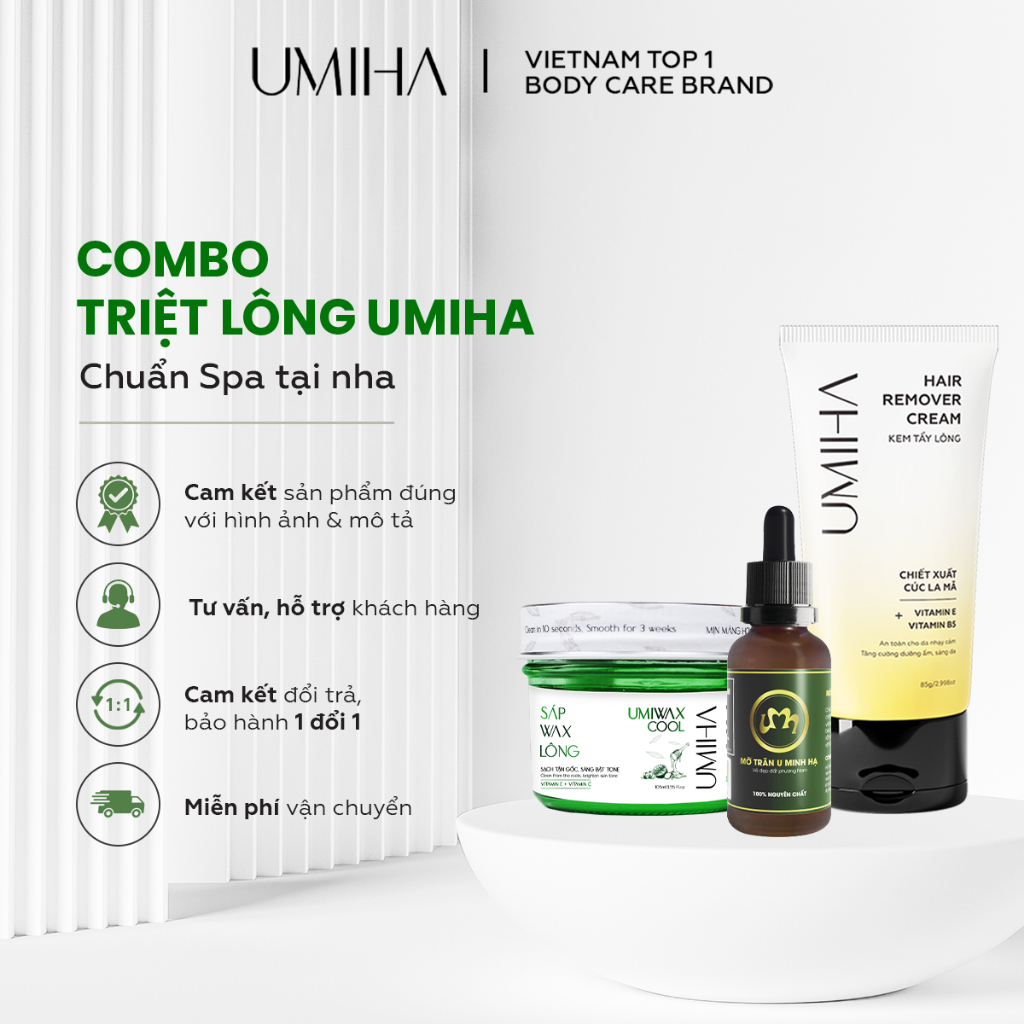 Combo triệt lông UMIHA - Thay cho Máy triệt lông khi kết hợp Mỡ trăn triệt lông với Kem tẩy lông, Sáp Wax lông