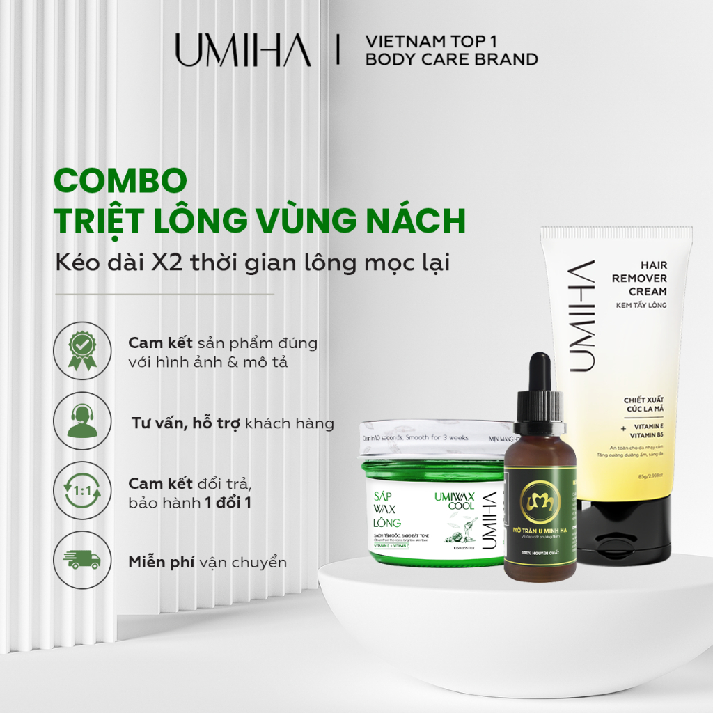 Combo Triệt lông nách UMIHA - Thay cho Máy triệt lông khi triệt lông nách với Mỡ trăn và Kem tẩy lông, Sáp wax lông