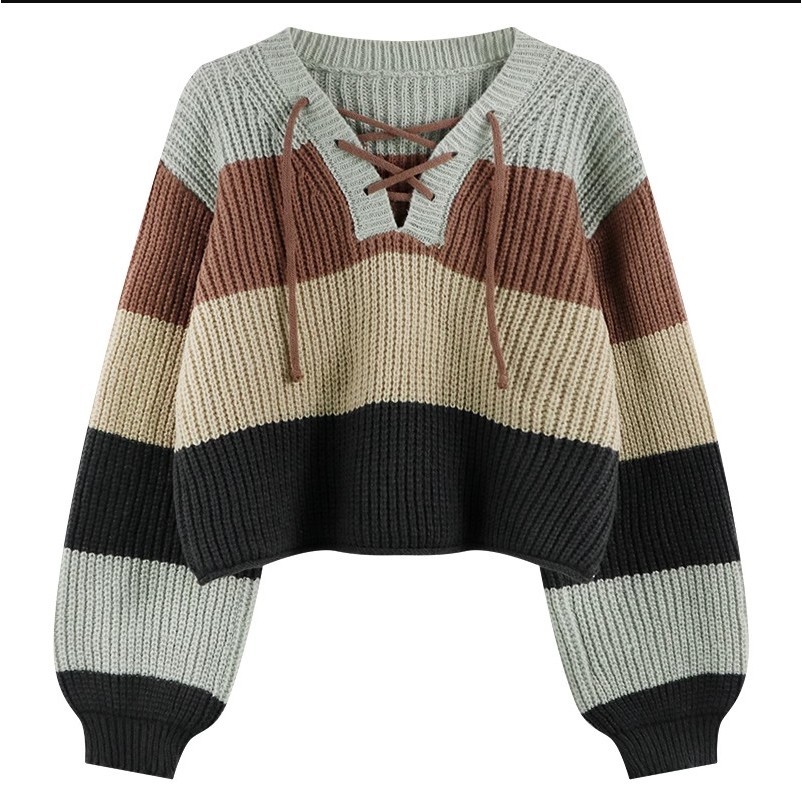 Áo len thời trang nữ cổ V phối cùng dây đan chéo cổ, Áo croptop vải len dệt Quảng Châu phong cách Hàn Quốc 1STCLOTHES